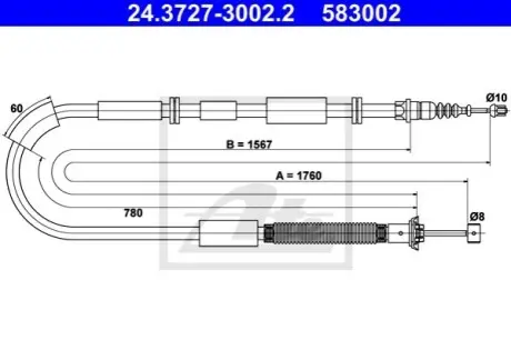 Трос стояночного гальма задн Прав (1760мм) LANCIA DELTA III 1.4-2.0D 08.08-08.14 ATE 24372730022