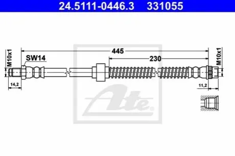Гальмівний шланг гнучкий передн Лів/Прав (довжина 445мм, M10x1/M10x1) CITROEN BERLINGO, C2, C2 ENTERPRISE, C3 I, XSARA, XSARA PICASSO, ZX PEUGEOT 1007, PARTNER 1.1-Electric 07.92 ATE 24511104463