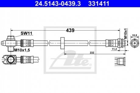 Тормозной шланг AUDI A3 01- /L+P/ - 24.5143-0439.3 (1J0611701, 1J0611701L, 1J0611701N) ATE 24514304393