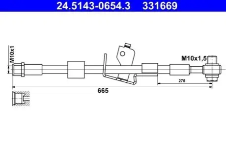 Гальмівний шланг задн Лів (довжина 665мм, M10x1 1,5) CHEVROLET CRUZE, ORLANDO OPEL ASTRA J, ASTRA J GTC, CASCADA, ZAFIRA C 1.3D-2.0D 05.09 ATE 24.5143-0654.3