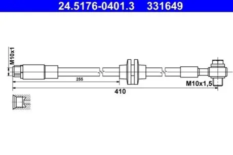 Гальмівний шланг передн Прав (довжина 410мм,діаметр 10мм, M10x1 1,5) CHEVROLET CRUZE, ORLANDO OPEL ASTRA J, ASTRA J GTC 1.3D-2.0D 05.09 ATE 24.5176-0401.3