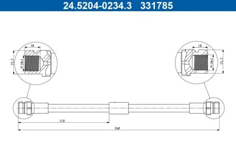 Гальмівний шланг гнучкий задн Лів/Прав (довжина 260мм, M10x1) VW TOURAN 1.4-2.0D 02.03-05.10 ATE 24520402343 Купити в Україні