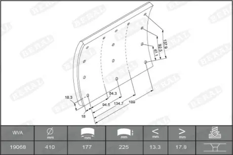 Гальмівні накладки задн (410x225. базовий) VOLVO F10, F12, F16, FH, FH12, FH16, FL10, FL12, FL6, FL7, FM, FM II, FM10, FM12, FM7, FM9, FMX, NH12 01.76 BERAL KBL1906801550
