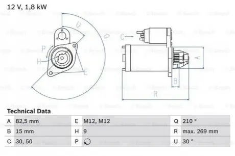 Стартер (12В, 1,8кВт, відновлений) AUDI 80 B3, 80 B4, 90 B3, A4 B5, A4 B6, A4 B7, A6 C4, A6 C5, CABRIOLET B3 FERRARI 456 GT/GTA SKODA SUPERB I VW PASSAT B5, PASSAT B5.5 1.6D-5.5 09.86-06.08 Bosch 0986016240