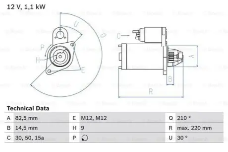 Стартер (12В, 1,1кВт, відновлений) AUDI 100 C4, 80 B3, 80 B4, A4 B5, A4 B6, A6 C4, A6 C5, CABRIOLET B3, COUPE B3 SKODA SUPERB I VW PASSAT B5, PASSAT B5.5 1.4-2.0 08.86-03.08 Bosch 0986016330
