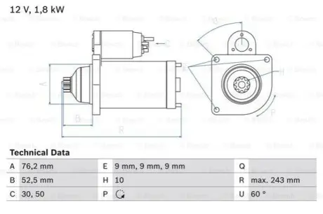 Стартер (12В, 1,8кВт, відновлений) VW CALIFORNIA T4 CAMPER, TRANSPORTER T4 1.9D-2.8 07.90-06.03 Bosch 0986016990