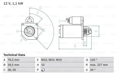 Стартер (12В, 1,1кВт, відновлений) VOLVO C30, S40 II, V50 FORD B-MAX, C-MAX, C-MAX II, ECOSPORT, FIESTA, FIESTA IV, FIESTA V, FIESTA VI, FOCUS C-MAX, FOCUS I, FOCUS II, FOCUS III 1.2-1.7 08.95 Bosch 0986017060