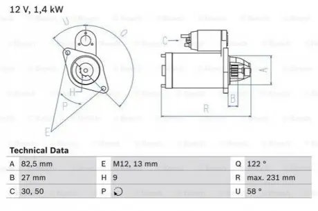 Стартер (12В, 1,4кВт, відновлений) AUDI A4 B5, A4 B6, A4 B7, A6 C5, A8 D2, A8 D3, ALLROAD C5, CABRIOLET B3 SKODA SUPERB I VW PASSAT B5, PASSAT B5.5 2.4-4.2 11.92-03.08 Bosch 0986018340