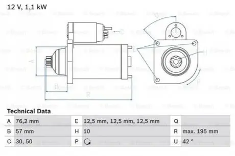Стартер (12В, 1,1кВт, відновлений) AUDI A3 SEAT ALTEA, ALTEA XL, LEON SKODA OCTAVIA II, YETI VW BEETLE, CADDY III, EOS, GOLF PLUS, GOLF PLUS V, GOLF VI, JETTA IV, PASSAT B6 1.2-2.0CNG 02.03-07.19 Bosch 0986020330