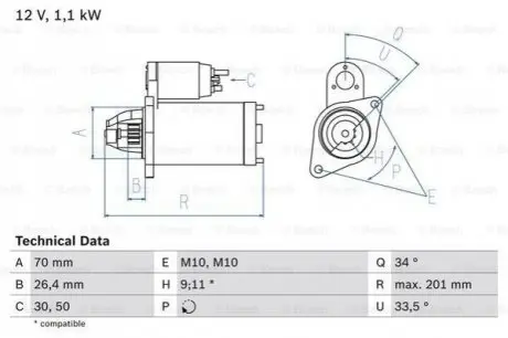 Стартер (12В, 1,1кВт, відновлений) MERCEDES C (C204), C (CL203), C T-MODEL (S203), C T-MODEL (S204), C (W203), C (W204), CLC (CL203), CLK (A209), CLK (C209), E (A207), E (C207) 1.6-1.8LPG 05.02 Bosch 0986020350
