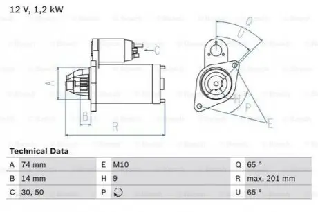 Стартер (12В, 1,2кВт, відновлений) TOYOTA AURIS, AVENSIS, COROLLA, VERSO 1.2-2.0 03.07-08.19 Bosch 0986021530