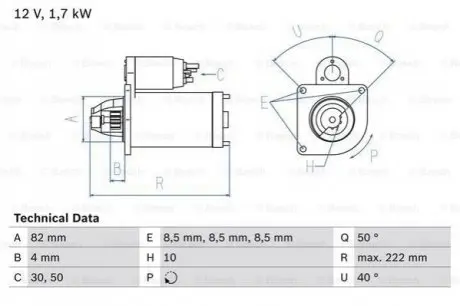 Стартер (12В, 1,7кВт, відновлений) OPEL ASTRA H, ASTRA H GTC, ASTRA J, ASTRA J GTC, INSIGNIA A, INSIGNIA A COUNTRY, SIGNUM, VECTRA C, VECTRA C GTS, ZAFIRA B, ZAFIRA C SAAB 9-3 1.9D/2.0D 04.04-11.18 Bosch 0986022061