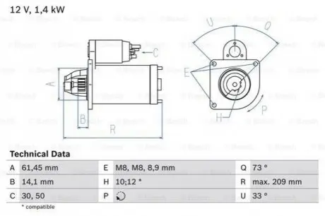 Стартер (12В, 1,4кВт, відновлений) FORD B-MAX, ECOSPORT, FIESTA V, FIESTA VI, FUSION, TOURNEO COURIER B460, TRANSIT COURIER B460 MAZDA 2 1.0-1.6D 11.01 Bosch 0986022121