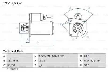 Стартер (12В, 1,5кВт, відновлений) DS DS 3, DS 4, DS 5, DS 7 CITROEN BERLINGO, BERLINGO MULTISPACE, C1, C2, C2 ENTERPRISE, C3 I, C3 II, C3 PICASSO, C3 PLURIEL, C4 1.4D-1.6D 09.01 Bosch 0986022790