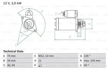 Стартер (12В, 2кВт, відновлений) LEXUS IS II TOYOTA AURIS, AVENSIS, COROLLA, COROLLA VERSO, RAV 4 III, VERSO 2.0D/2.2D 07.05-10.18 Bosch 0986023240
