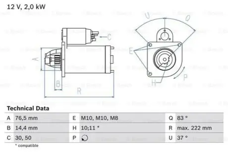 Стартер (12В, 2,2кВт, відновлений) NISSAN INTERSTAR, NAVARA NP300, NV400, PRIMASTAR, QASHQAI +2, QASHQAI I, X-TRAIL, X-TRAIL II OPEL MOVANO B, VIVARO A RENAULT ALASKAN, ESPACE IV 2.0D/2.3D 08.05 Bosch 0986023530