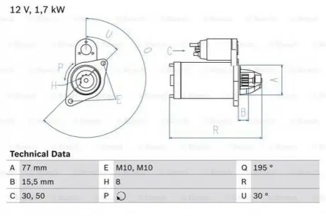 Стартер (12В, 1,7кВт, відновлений) HYUNDAI ACCENT III, ACCENT IV, ELANTRA IV, ELANTRA V, GETZ, I10 I, I20 I, I30, IX20, MATRIX KIA CARENS III, CEE'D, CERATO I, PICANTO I, PRO CEE'D 1.1D-1.6D 07.04 Bosch 0986023600