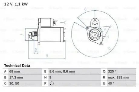 Стартер (12В, 1,1кВт, відновлений) ALFA ROMEO 159 CHEVROLET AVEO, CRUZE, ORLANDO, TRAX FIAT CROMA OPEL ASTRA G, ASTRA G CLASSIC, ASTRA H, ASTRA H CLASSIC, ASTRA H GTC, ASTRA J 1.4-2.0D 11.02 Bosch 0986023660