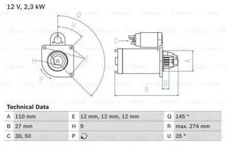 Стартер (12В, 2,3кВт, відновлений) VW LT 28-35 II, LT 28-46 II 2.8D 07.97-07.06 Bosch 0986023860