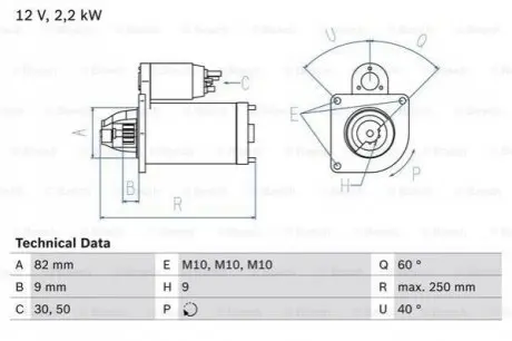 Стартер (12В, 2,2кВт, відновлений) CHRYSLER GRAND VOYAGER V, RAM VAN, VOYAGER IV, VOYAGER V 2.8D 04.04 Bosch 0986024390