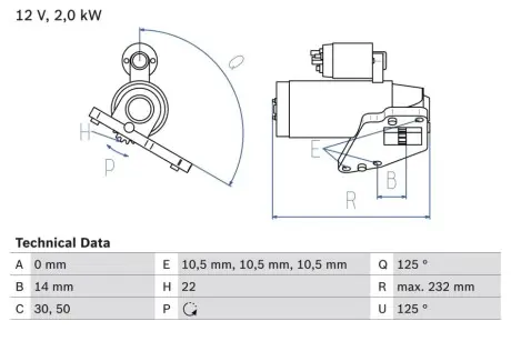 Стартер (12В, 2кВт, відновлений) CHRYSLER SEBRING DODGE AVENGER, CALIBER, JOURNEY JEEP COMPASS, PATRIOT MITSUBISHI GRANDIS, LANCER VIII, OUTLANDER II 2.0D 09.05 Bosch 0986024710