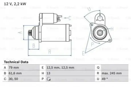 Стартер (12В, 2,2кВт, відновлений) AUDI A1, A3, A3 ALLSTREET, Q2, Q3 CUPRA FORMENTOR, LEON, LEON SPORTSTOURER SEAT ALHAMBRA, ALTEA, ALTEA XL, ATECA, IBIZA IV, IBIZA IV SC, LEON 1.4-3.6 05.03 Bosch 0986025110