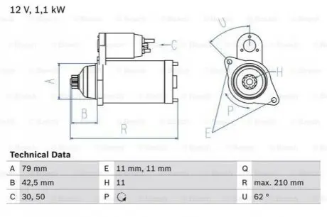 Стартер (12В, 1,1кВт, відновлений) AUDI A3, Q3, TT SEAT ALHAMBRA, ALTEA XL, LEON, LEON SC, LEON ST SKODA KODIAQ I, OCTAVIA II, OCTAVIA III, SUPERB II, SUPERB III, YETI 1.4/1.8/2.0 10.05 Bosch 0986025360