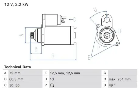 Стартер (12В, 2,2кВт, відновлений) VW CALIFORNIA T6 CAMPER, CRAFTER, GRAND CALIFORNIA CAMPER, MULTIVAN T6, TRANSPORTER T6, TRANSPORTER T6 / CARAVELLE T6 2.0D 04.15 Bosch 0 986 026 340
