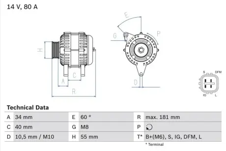 Генератор (14В, 80А, відновлений) TOYOTA AURIS, AVENSIS, COROLLA, COROLLA VERSO, WISH 1.4/1.6/1.8 08.99-08.19 Bosch 0 986 042 660