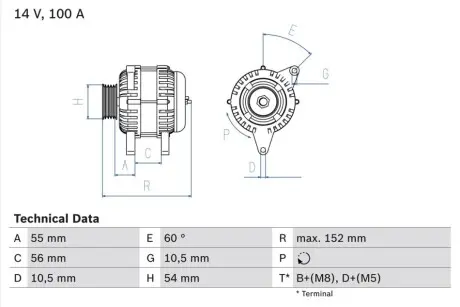 Генератор (14В, 100А, відновлений) OPEL ASTRA G, ASTRA G CLASSIC, ASTRA H, ASTRA H CLASSIC, ASTRA H GTC, COMBO, COMBO TOUR, CORSA C, MERIVA A, TIGRA 1.0-1.4LPG 02.98 Bosch 0986047280