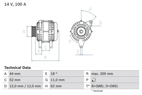 Генератор (14В, 100А, відновлений) ALFA ROMEO 145, 146, 147, 156, GT FIAT BRAVA, BRAVO I, DOBLO, IDEA, MAREA, MULTIPLA, PUNTO, STILO LANCIA LYBRA, MUSA 1.9D/2.4D 09.96 Bosch 0986049231