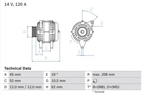 Генератор (14В, 120А, відновлений) ALFA ROMEO 147, 156, 166 FIAT BRAVA, BRAVO I, BRAVO II, DOBLO, IDEA, MAREA, MULTIPLA, PUNTO, STILO LANCIA KAPPA, LYBRA, MUSA 1.9D/2.4/2.4D 07.96 Bosch 0986049400