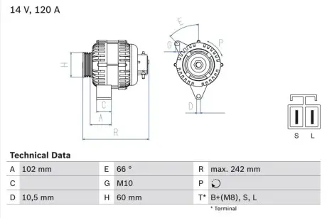 Генератор (14В, 120А, відновлений) HYUNDAI ELANTRA III, HIGHWAY, SANTA FÉ I, SANTA FÉ II, TRAJET, TUCSON KIA CARENS I, CERATO I, SPORTAGE II 2.0D/2.2D 03.01-12.12 Bosch 0986049550
