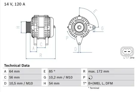 Генератор (14В, 120А, відновлений) OPEL ASTRA H, ASTRA H CLASSIC, ASTRA H GTC, SIGNUM, VECTRA C, VECTRA C GTS, ZAFIRA B 1.6-1.8LPG 07.05 Bosch 0986049990