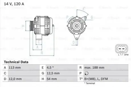 Генератор (14В, 120А, відновлений) OPEL ASTRA H, ASTRA H GTC, SIGNUM, VECTRA C, VECTRA C GTS, ZAFIRA B 1.9D 04.04-04.15 Bosch 0986080370