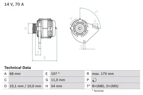 Генератор (14В, 70А, відновлений) ALFA ROMEO MITO FIAT 500, 500 C, 500L, BRAVO II, DOBLO, DOBLO CARGO, GRANDE PUNTO, IDEA, LINEA, PALIO, PANDA, PUNTO, PUNTO EVO, SIENA, STILO 1.1-1.4LPG 09.93 Bosch 0986080560