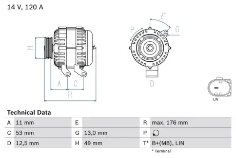 Генератор (14В, 120А, відновлений) FORD B-MAX, C-MAX II, ECOSPORT, FIESTA, FIESTA VI, FOCUS III, GRAND C-MAX, KA+ III, KUGA II, MONDEO IV, TOURNEO CONNECT V408 NADWOZIE WIELKO 1.0-2.0D 03.07 Bosch 0986082220 Купити в Україні