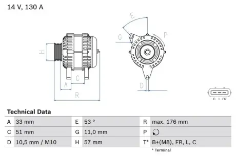 Генератор (14В, 130А, відновлений) HYUNDAI ELANTRA IV, ELANTRA V, I20 I, I30, I40 I, I40 I CW, IX20, IX35 KIA CARENS IV, CEE'D, OPTIMA, PRO CEE'D, RIO III, SOUL I, SOUL II 1.1D-1.7D 11.05 Bosch 0986082820
