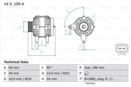 Генератор (14В, 100А, відновлений) CHEVROLET AVEO, CRUZE, ORLANDO, TRAX OPEL ASTRA J, ASTRA J GTC, INSIGNIA A, ZAFIRA C 1.6-2.0D 07.08 Bosch 0986083420