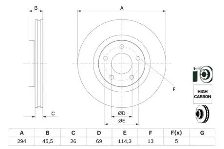 Диск гальмівний передн Лів/Прав CHRYSLER SEBRING DODGE AVENGER, CALIBER HYUNDAI SANTA FÉ I JEEP COMPASS, PATRIOT MITSUBISHI ASX, OUTLANDER II, OUTLANDER III 1.6-2.4 02.01 Bosch 0986479745 Купити в Україні