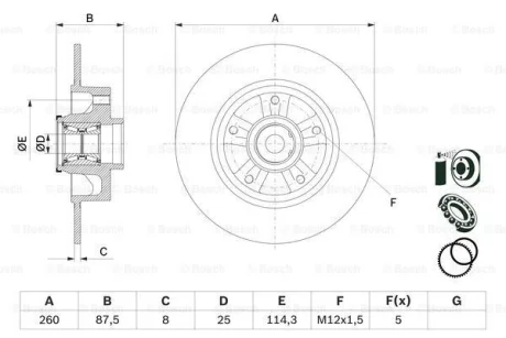 Диск тормозной (задний) Renault Megane IV 15- (260x8) (+ABS) (с подшипником) Bosch 0 986 479 E79