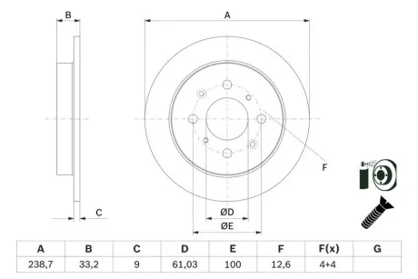 Диск гальмівний задн Лів/Прав HONDA CITY V, JAZZ III, JAZZ IV 1.2-1.5 07.08 Bosch 0 986 479 F34