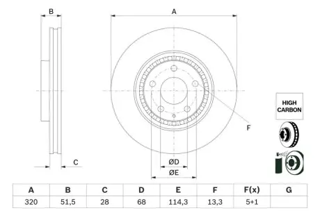 Диск гальмівний передн Лів/Прав MAZDA 6, CX-5, CX-9 2.0/2.2D/2.5 10.12 Bosch 0 986 479 H02 Купити в Україні