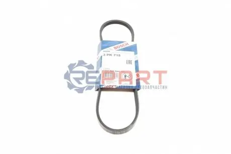 Поліклиновий ремінь (3PK715) DACIA SOLENZA, SUPERNOVA FIAT PALIO, PUNTO, SIENA, STRADA, UNO HONDA CRX I RENAULT 19 I, 19 II, 19 II CHAMADE, CLIO I, MEGANE I, MEGANE I CLASSIC 1.2-1.7D 03.86-12.09 Bosch 1 987 947 844 Купити в Україні