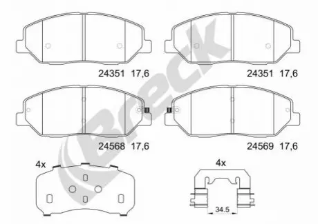 Тормозные колодки (передние) Hyundai Santa Fe II/III/Genesis 06-/Kia Sorento/Ssangyong Korando 09- BRECK 243510070100