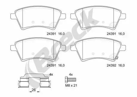 Комплект гальмівних колодок передн, FIAT SEDICI SUZUKI SX4 1.5-2.0D 06.06 BRECK 243910070100
