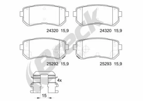 Комплект гальмівних колодок задн, HYUNDAI ACCENT III, I20 I, I30, IX35, SONATA VI, TUCSON KIA CEE'D, CERATO II, CERATO KOUP II, PICANTO II, PRO CEE'D, RIO II, SPORTAGE II 1.0-Electric 09.04 BRECK 252920070200