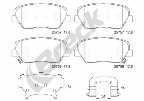 Комплект гальмівних колодок передн, HYUNDAI CRETA, GENESIS, GRANDEUR, NEXO KIA CARENS IV, SELTOS 1.6-Electric 01.11 BRECK 257570070100