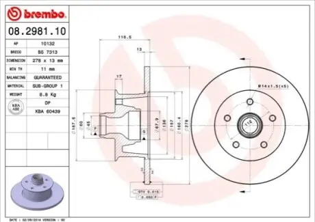 Диск гальмівний передн Лів/Прав FORD TOURNEO CUSTOM V362 VW TRANSPORTER T3 1.6-2.1 05.79-12.23 BREMBO 08298110
