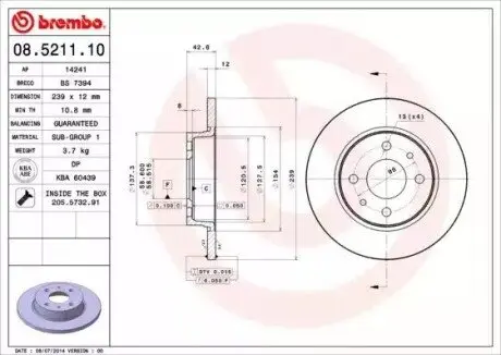Диск гальмівний передн Лів/Прав LADA SAMARA ZAZ SLAVUTA, TAVRIA 1.1-1.6 01.86-12.13 BREMBO 08521110 Купити в Україні